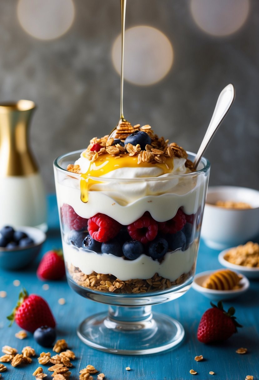 A glass parfait dish filled with layers of creamy yogurt and colorful berries, topped with a sprinkle of granola and a drizzle of honey