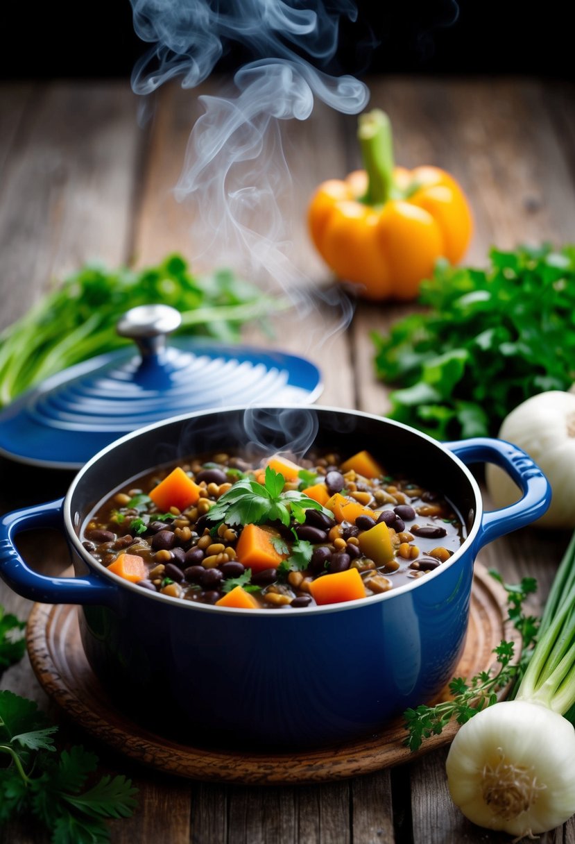 A steaming pot of black bean and lentil stew surrounded by fresh vegetables and herbs on a rustic wooden table