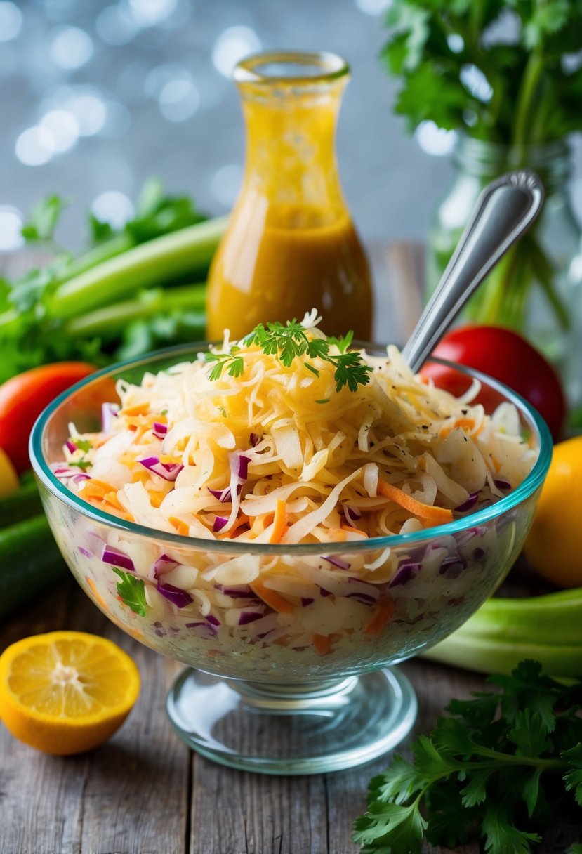 A glass bowl filled with colorful sauerkraut salad, surrounded by fresh vegetables and a bottle of homemade dressing