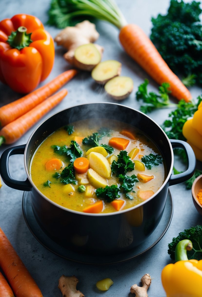 A steaming pot of ginger and turmeric vegetable soup surrounded by colorful, fresh ingredients like carrots, kale, and bell peppers