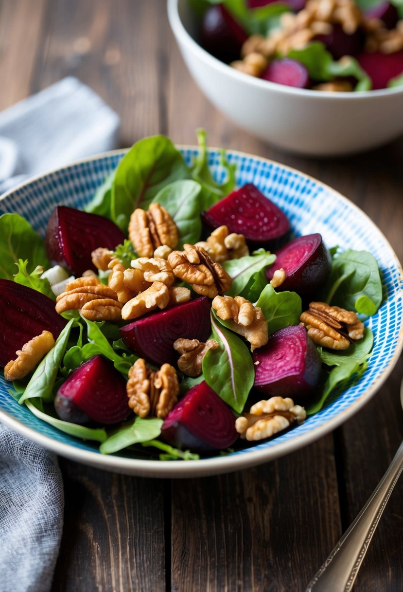 A colorful salad bowl with roasted beets, walnuts, and leafy greens arranged in an appetizing composition