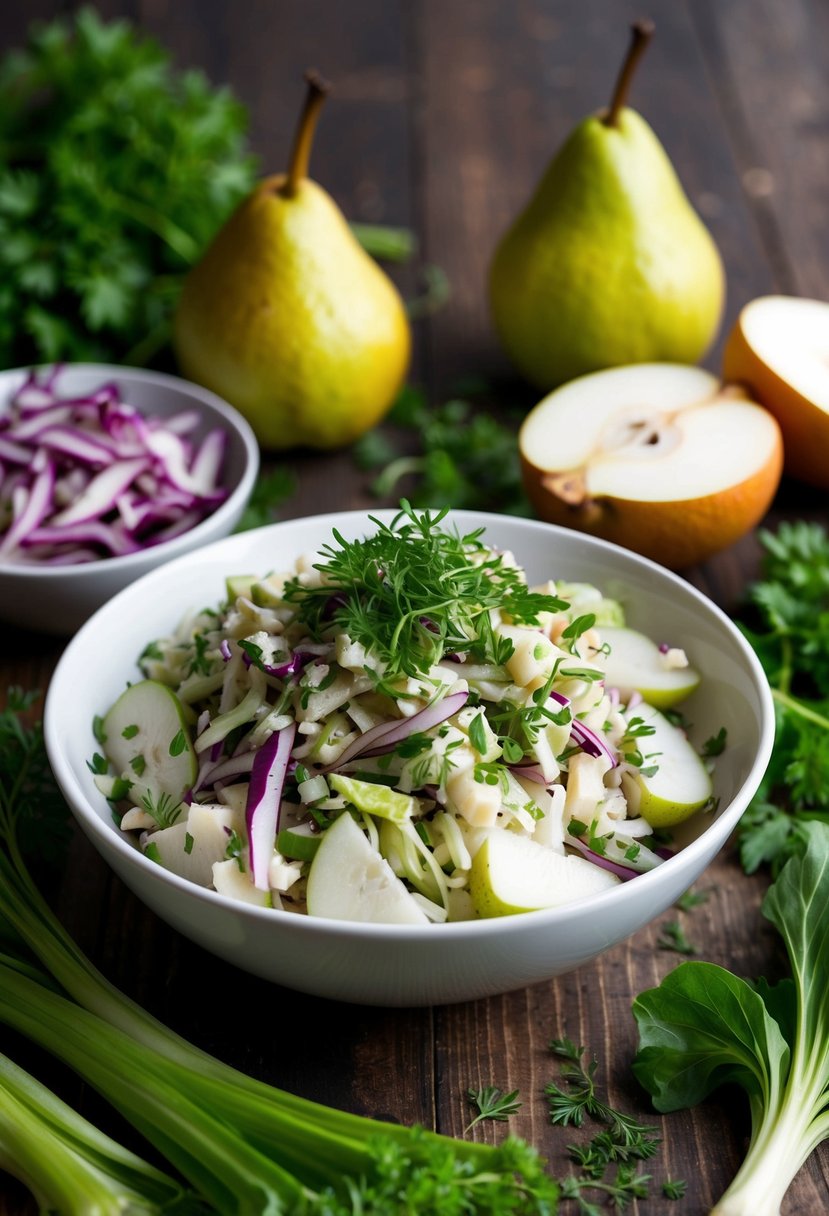 A bowl of pear and chicory slaw surrounded by fresh produce and gut-healthy ingredients