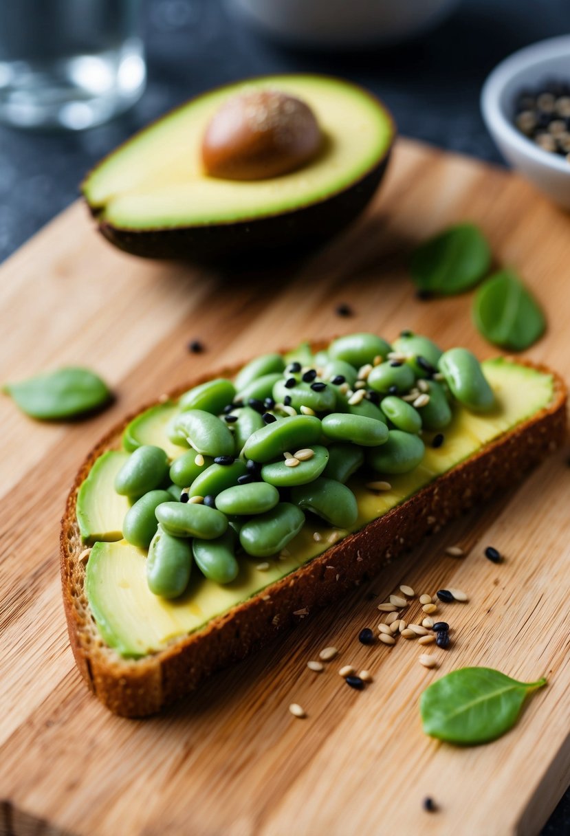 A slice of avocado toast topped with broad beans and a sprinkle of seeds on a wooden cutting board