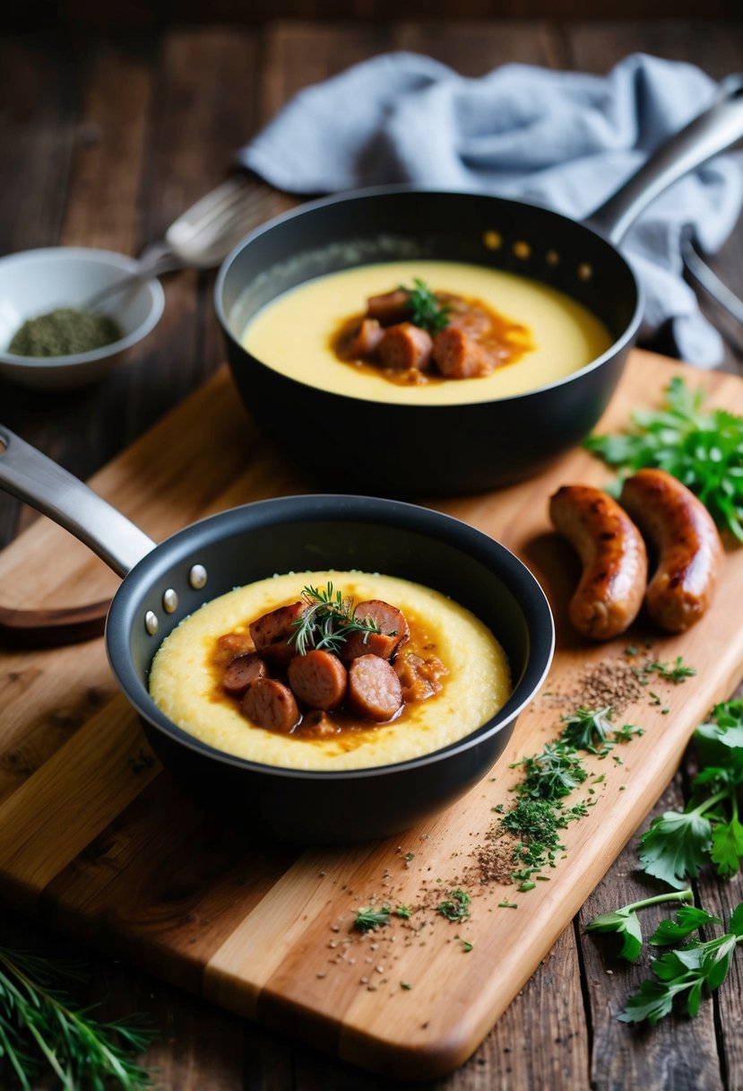 A rustic kitchen with a simmering pot of creamy polenta and sizzling sausages on a wooden cutting board. A scattering of fresh herbs and spices adds a pop of color