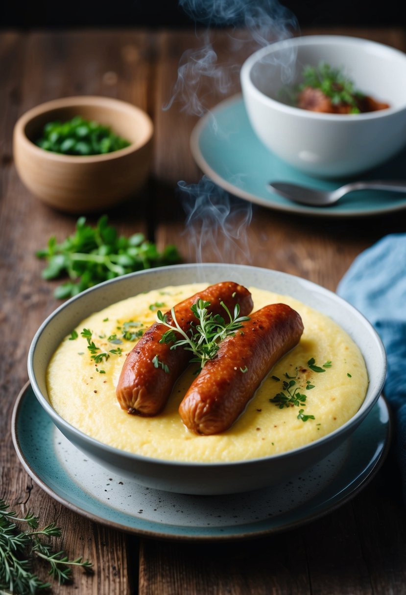 A steaming bowl of creamy polenta topped with sweet sausages, garnished with fresh herbs and served on a rustic wooden table