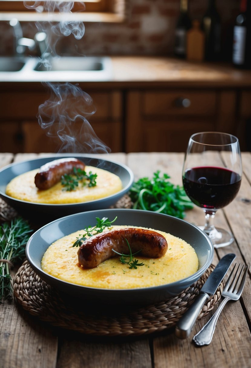 A rustic kitchen table set with a steaming dish of baked polenta and Italian sausage, accompanied by fresh herbs and a glass of red wine