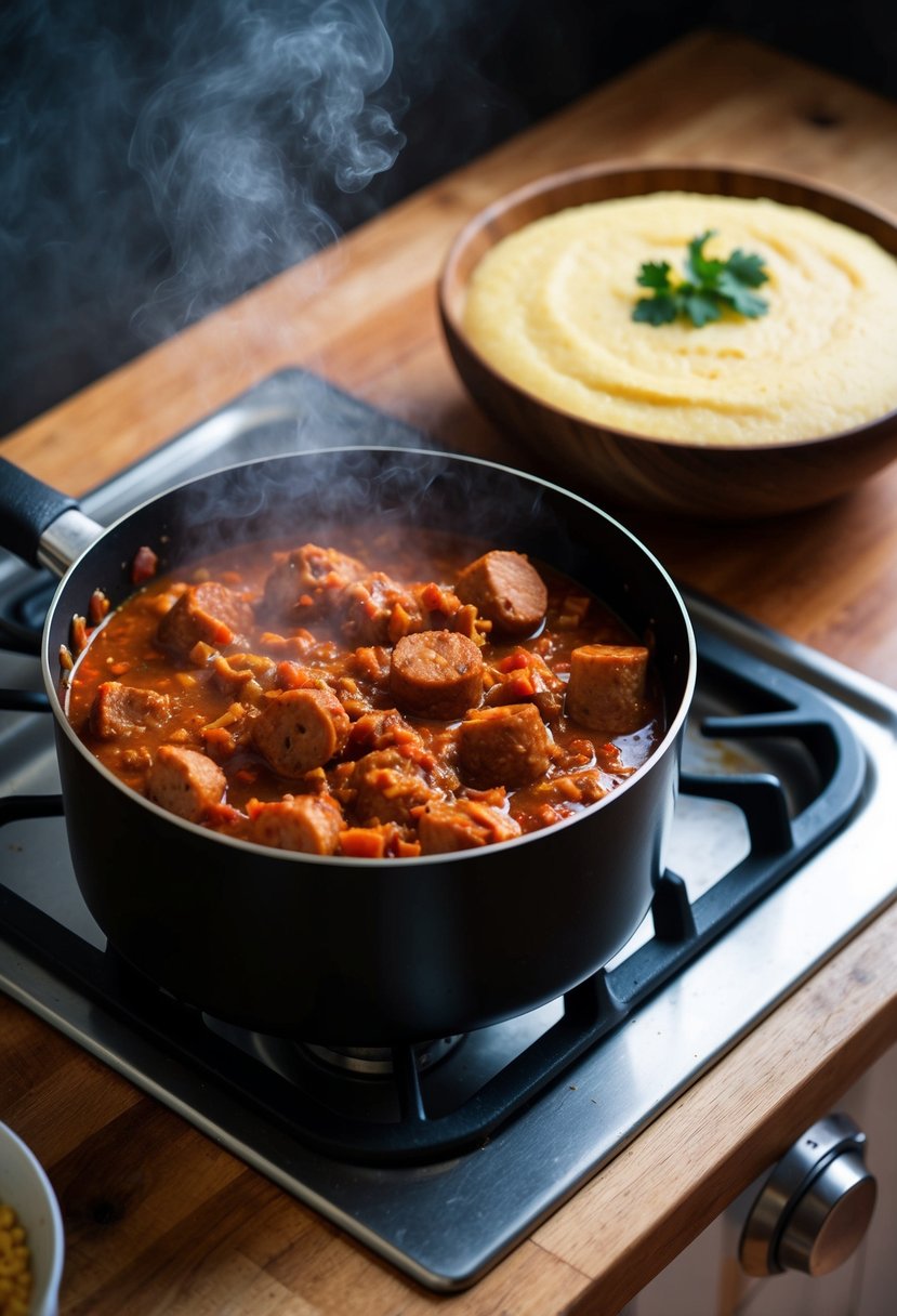 A rustic kitchen scene with a steaming pot of spicy sausage ragu simmering on the stove, accompanied by a golden, creamy polenta in a wooden bowl