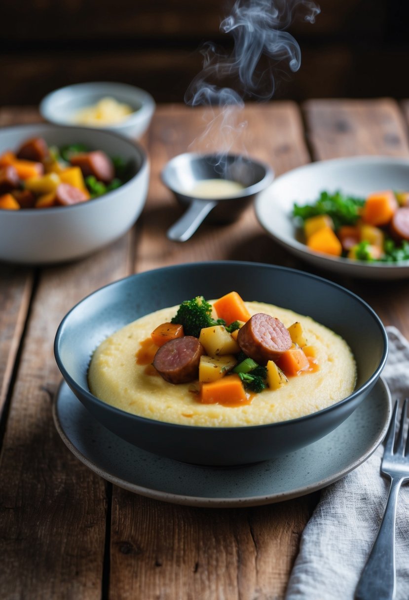 A rustic wooden table set with a steaming bowl of creamy polenta topped with a colorful medley of sautéed sausage and vegetables