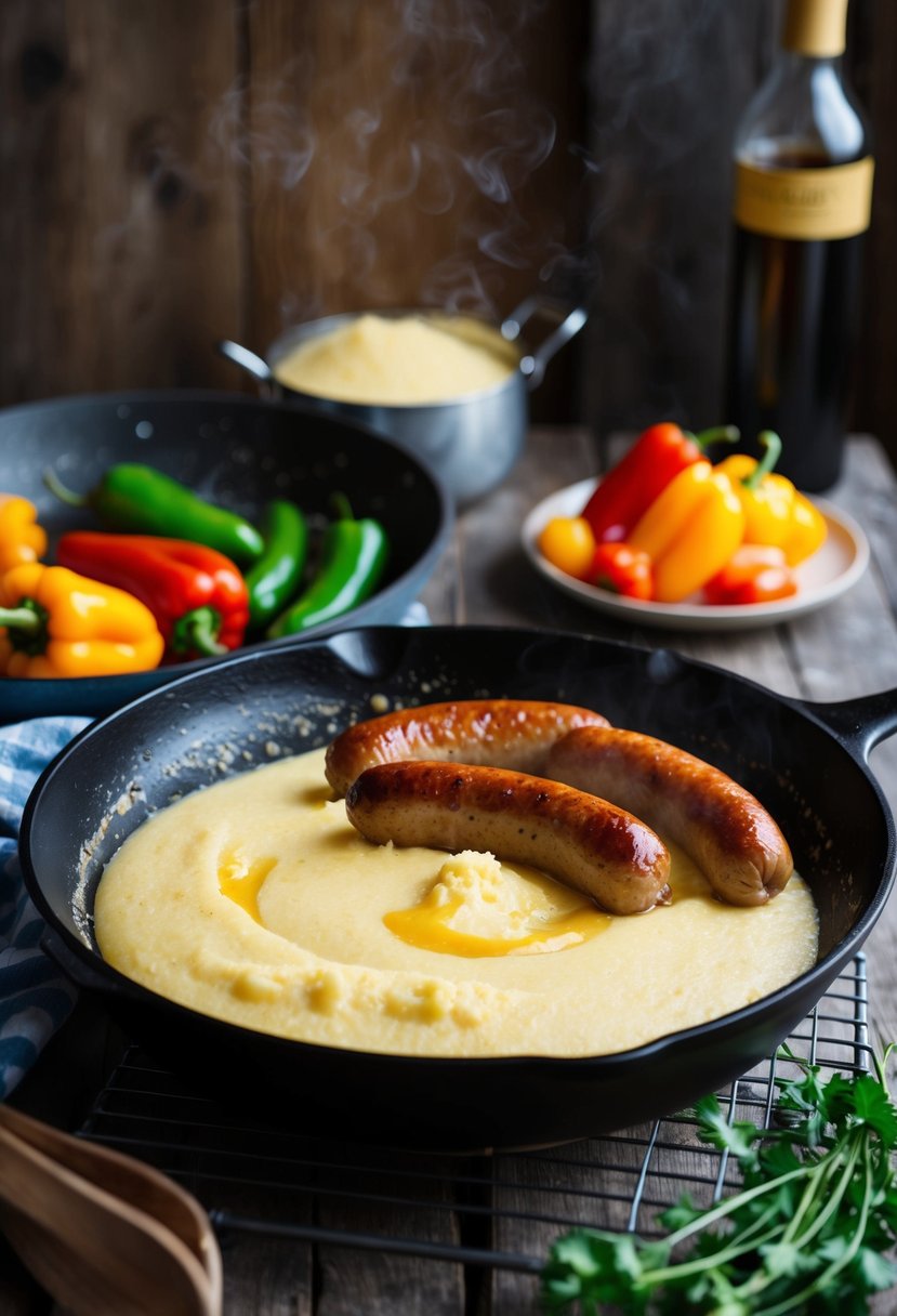 A rustic kitchen scene with a bubbling pot of creamy polenta, sizzling sausage, and colorful peppers being sautéed in a skillet