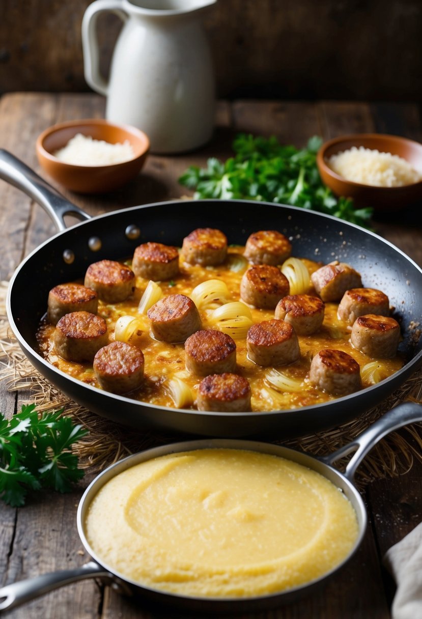 A sizzling pan of Italian sausage and onions, surrounded by simmering Parmesan polenta in a rustic kitchen setting