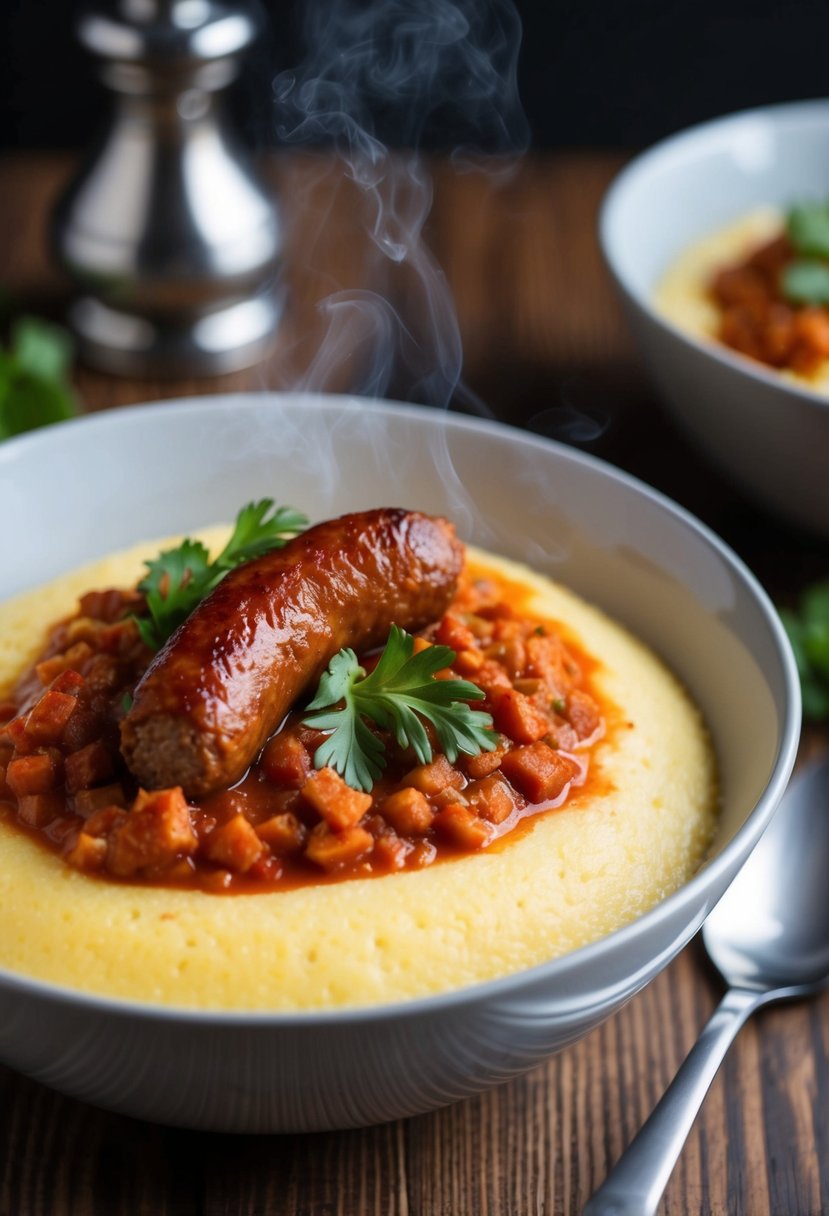 A steaming bowl of polenta topped with savory sausage in rich tomato sauce