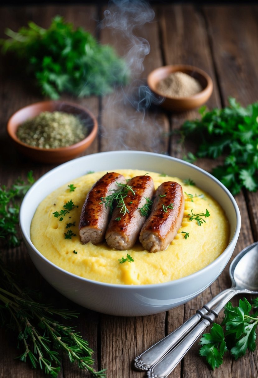 A rustic wooden table set with a steaming bowl of creamy polenta topped with savory herb sausages, surrounded by fresh herbs and spices