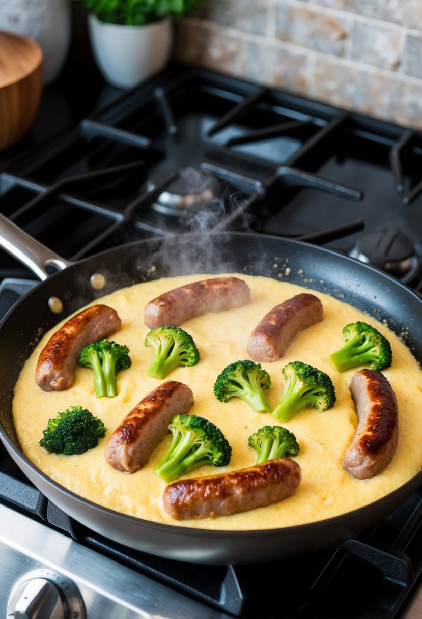 A sizzling skillet with sausage and broccoli polenta cooking over a stovetop