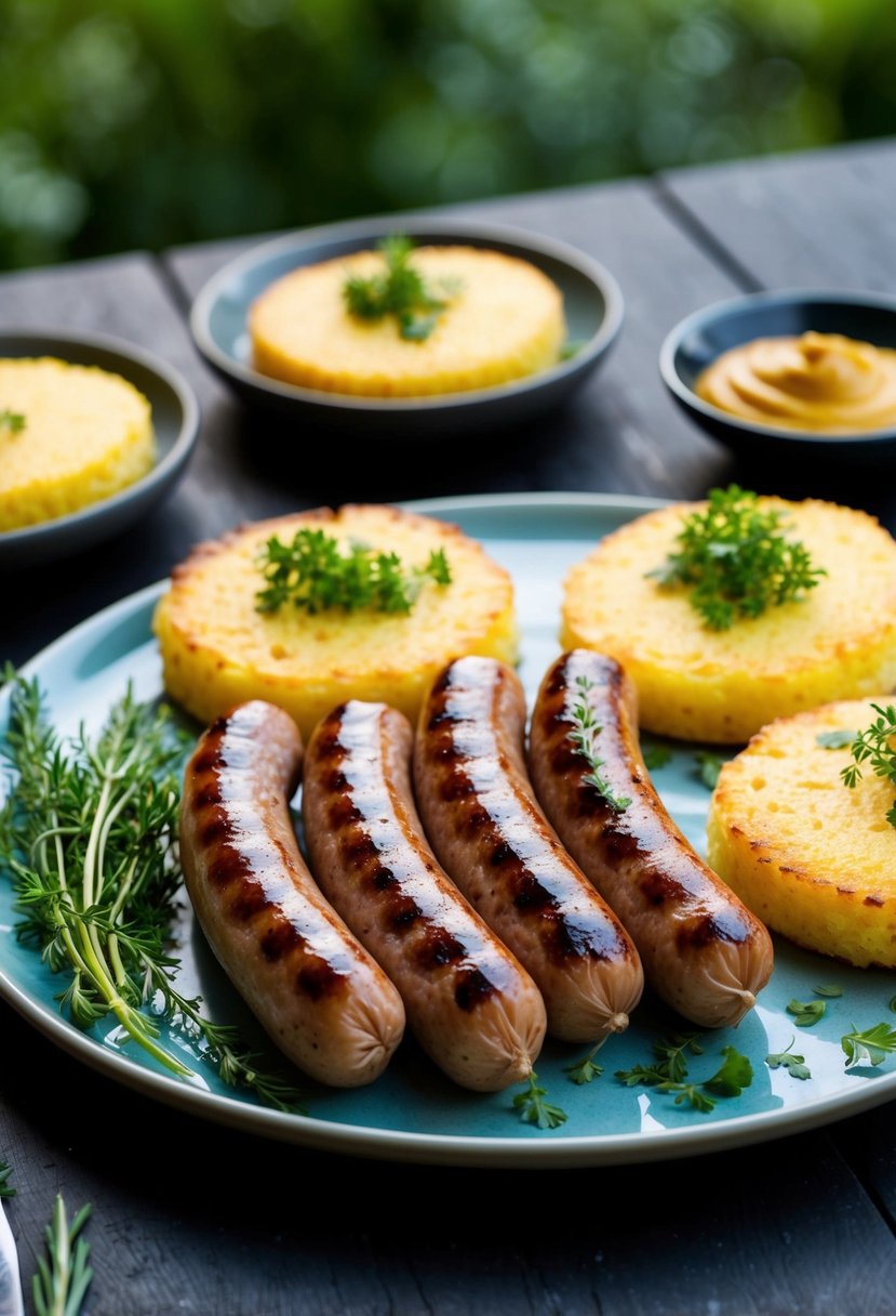 Grilled sausages on a platter with golden brown polenta cakes, garnished with fresh herbs and served with a side of tangy mustard