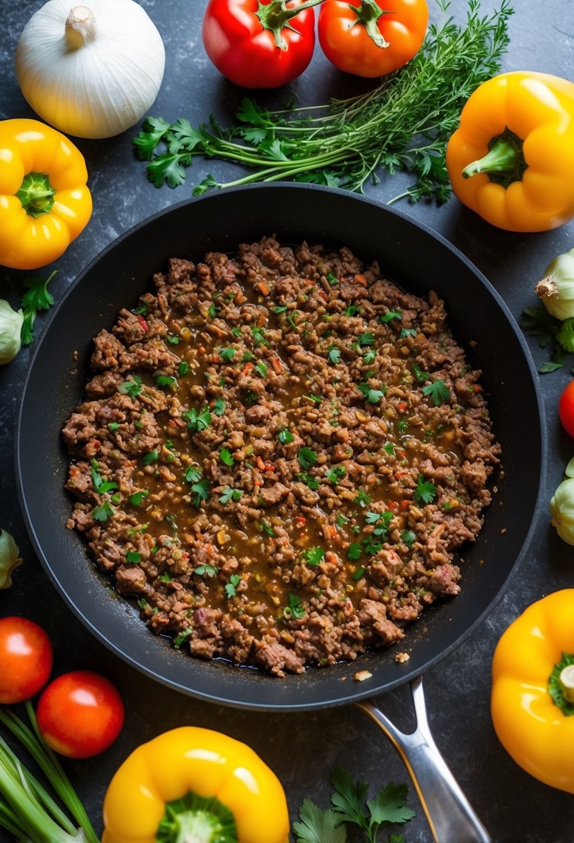 A sizzling skillet of ground beef surrounded by colorful low-carb vegetables and aromatic herbs