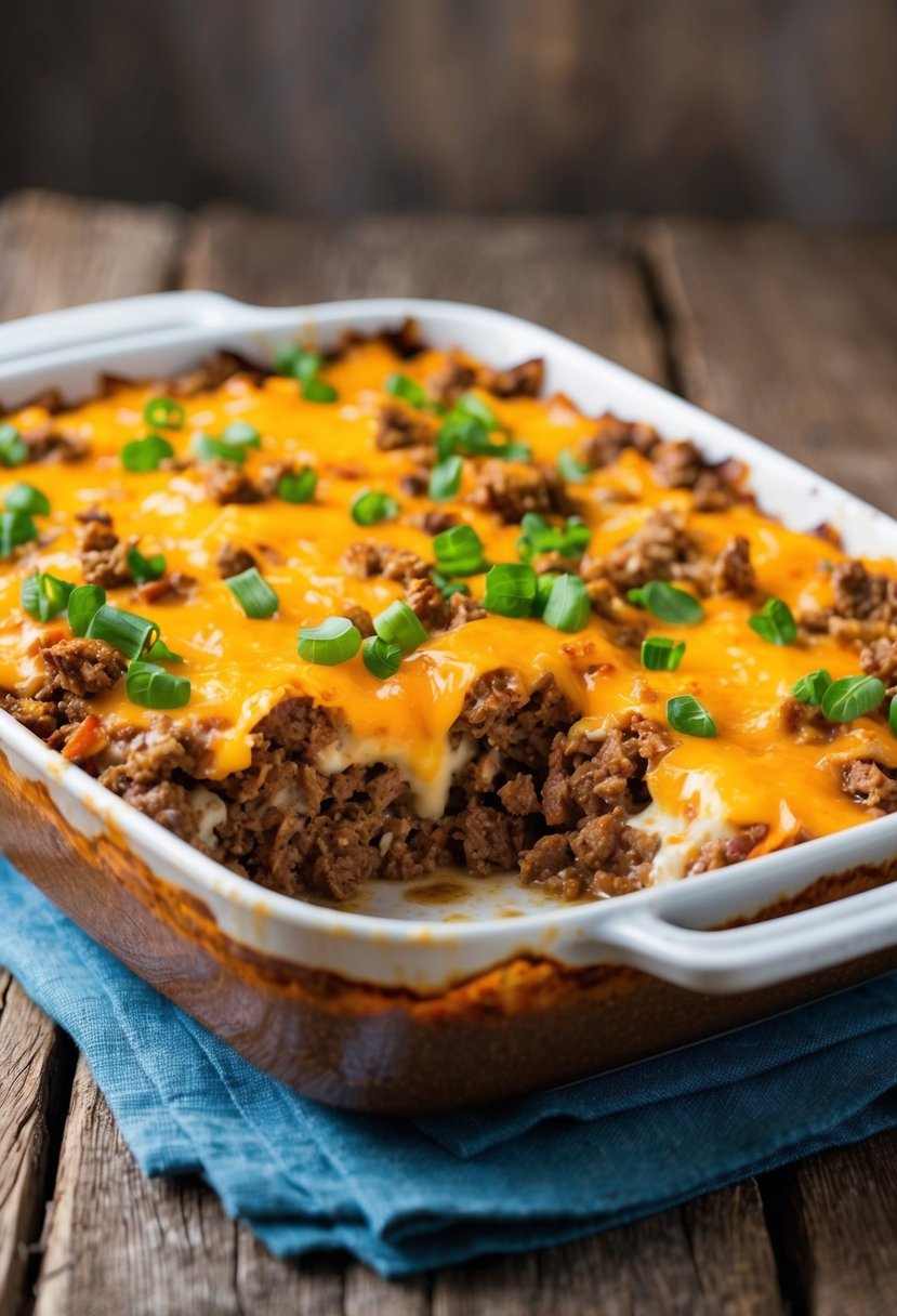 A bubbling casserole dish filled with layers of seasoned ground beef, melted cheese, and low-carb vegetables, sitting on a rustic wooden table