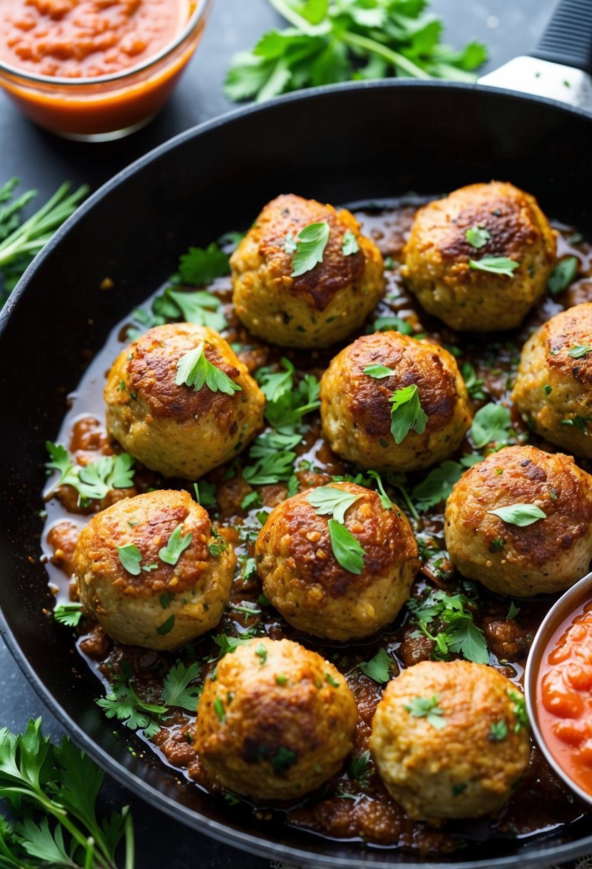 A sizzling skillet of keto meatballs, surrounded by fresh herbs and spices, with a side of low-carb marinara sauce