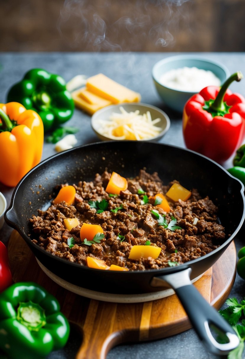 A skillet sizzling with ground beef, surrounded by colorful bell peppers, cheese, and keto-friendly ingredients