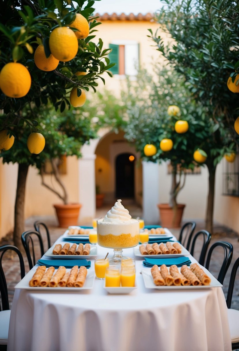 A table set with cannoli, cassata, and granita, surrounded by lemon and orange trees in a Sicilian courtyard