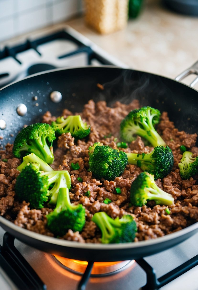 A sizzling skillet with ground beef, broccoli, and keto-friendly seasonings being stir-fried over a hot stove