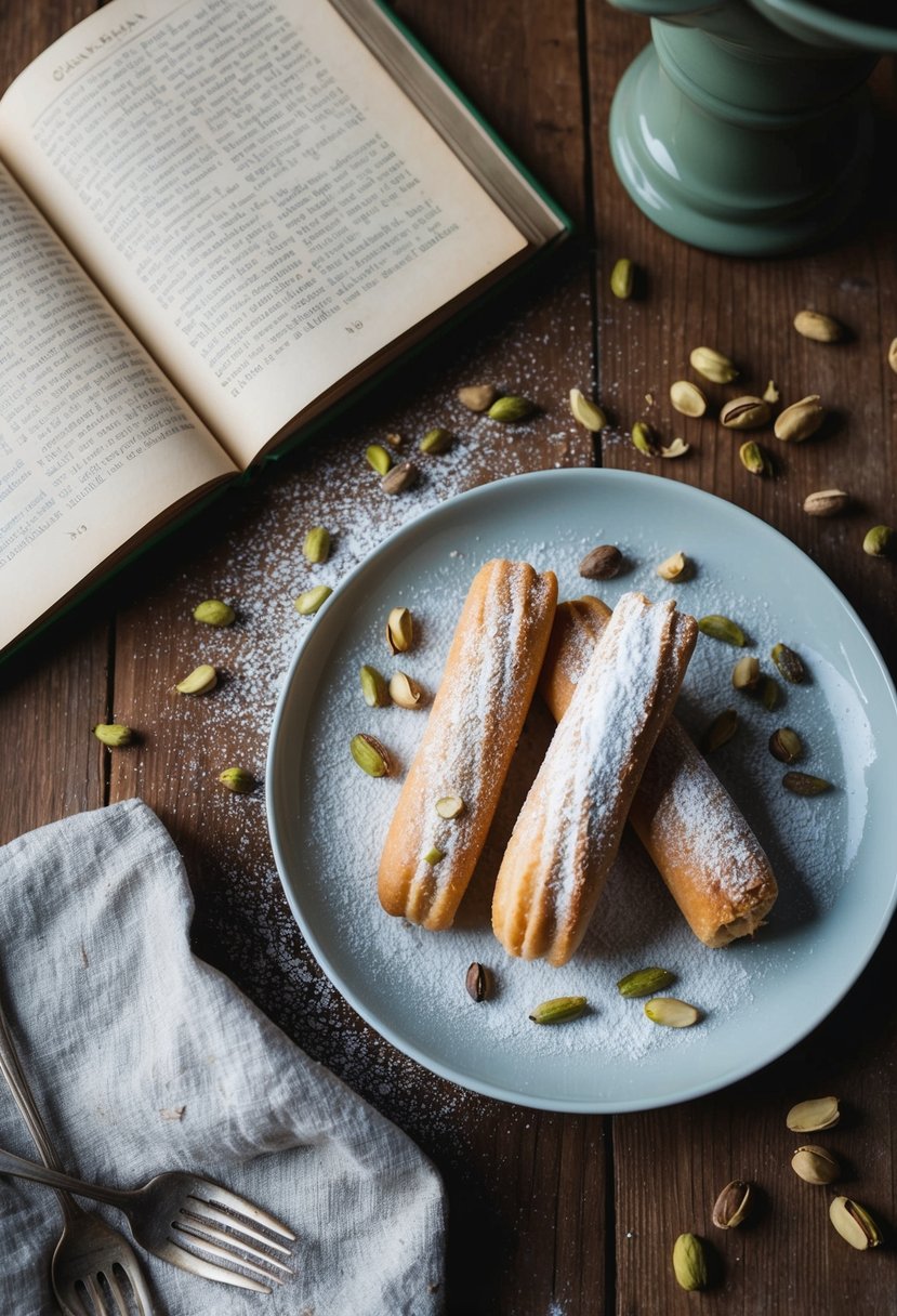 A rustic kitchen table with a plate of cannoli alla Siciliana, surrounded by scattered pistachios and powdered sugar. A vintage cookbook lies open nearby