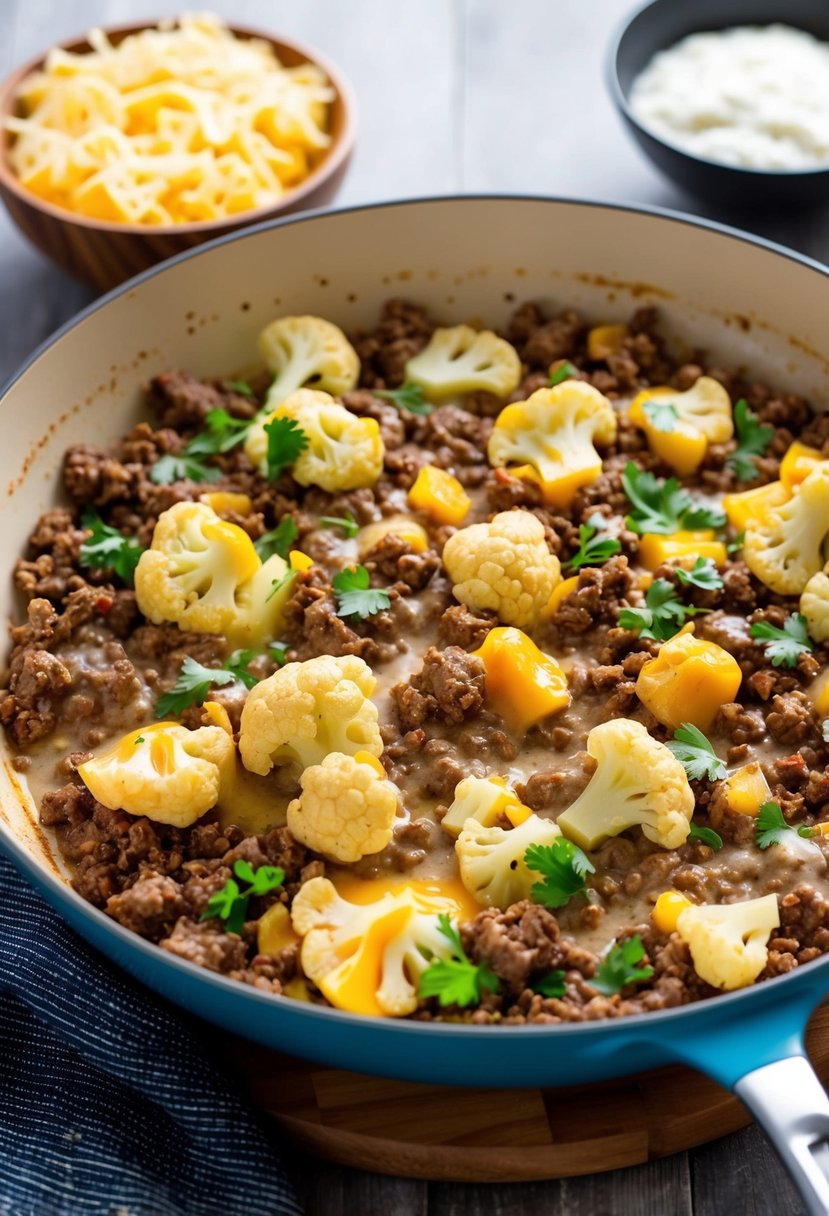 A sizzling skillet of ground beef, cauliflower, cheese, and spices bubbling together in a creamy sauce, ready to be baked into a delicious Keto Hamburger Casserole