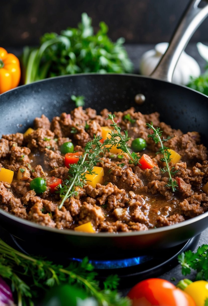 A sizzling skillet with Italian keto ground beef, surrounded by colorful low-carb vegetables and aromatic herbs