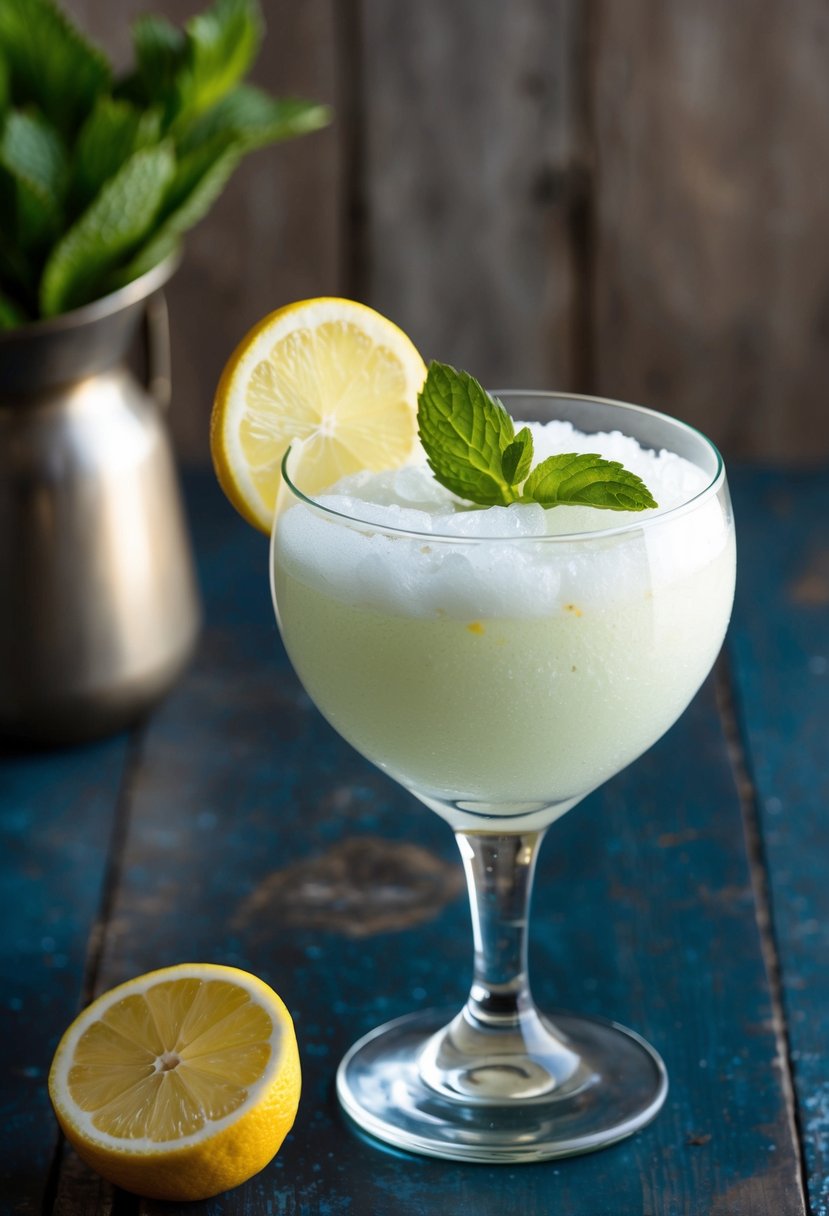 A glass of Sicilian Granita al Limone on a rustic table with a lemon slice and mint garnish