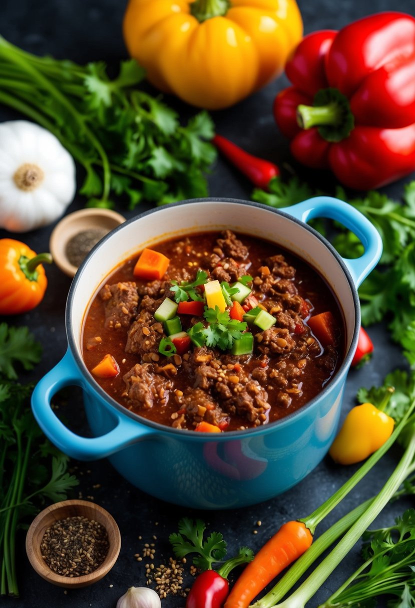 A simmering pot of keto chili with ground beef, surrounded by colorful vegetables and spices