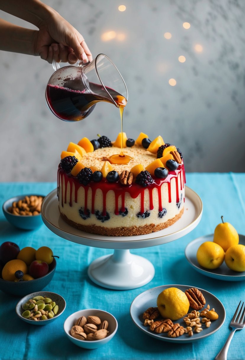 A table set with a colorful cassata alla Siciliana, surrounded by fresh fruits, nuts, and a drizzle of sweet syrup