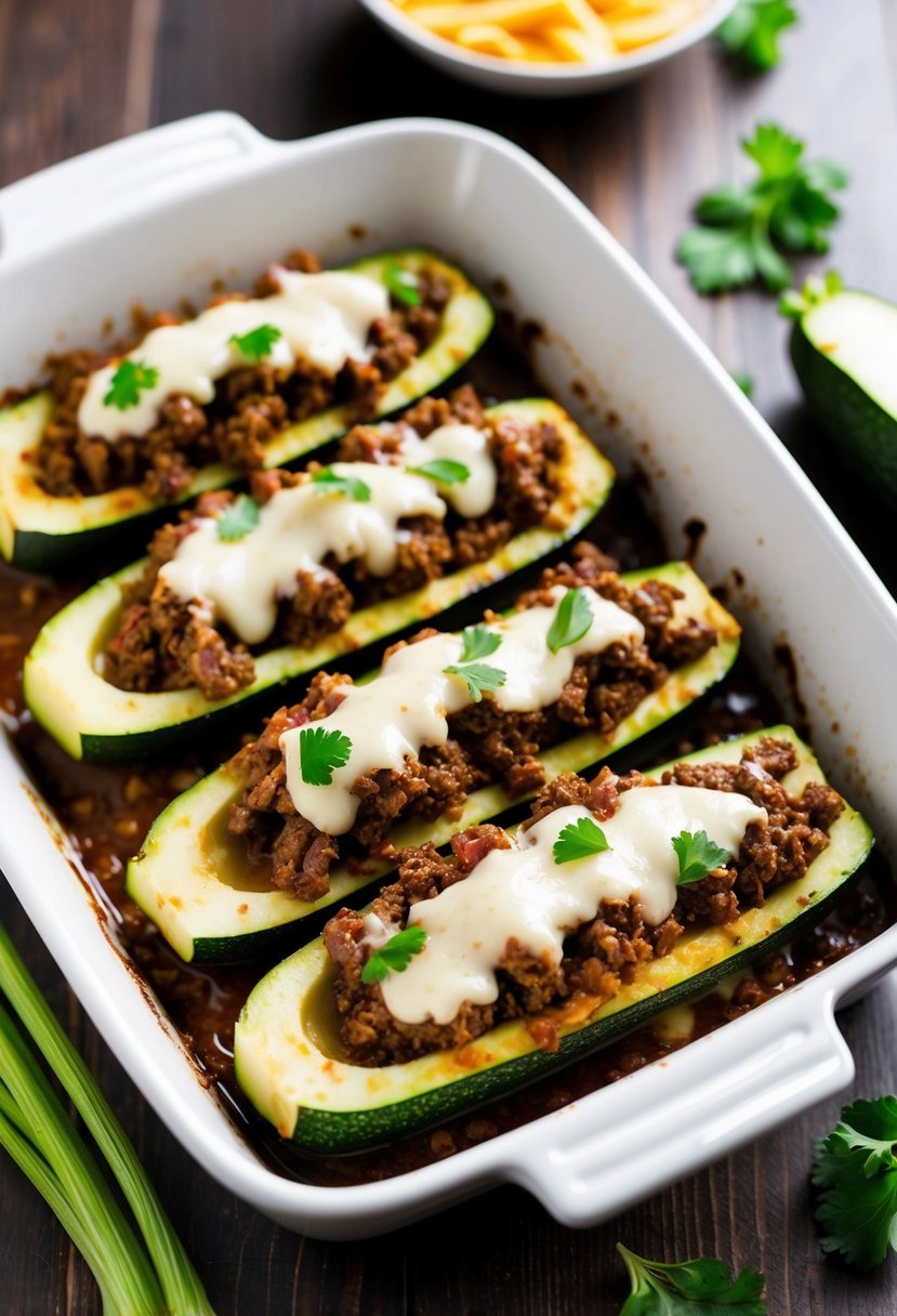 Zucchini boats filled with seasoned ground beef, topped with cheese, and baked in a casserole dish