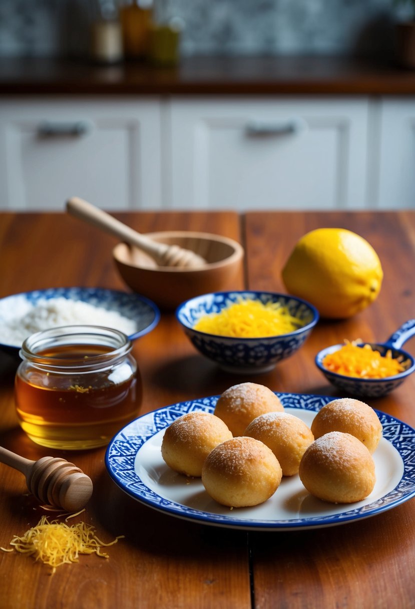 A table set with ingredients for Pignolata Messinese: honey, citrus zest, and fried dough balls in a traditional Sicilian kitchen