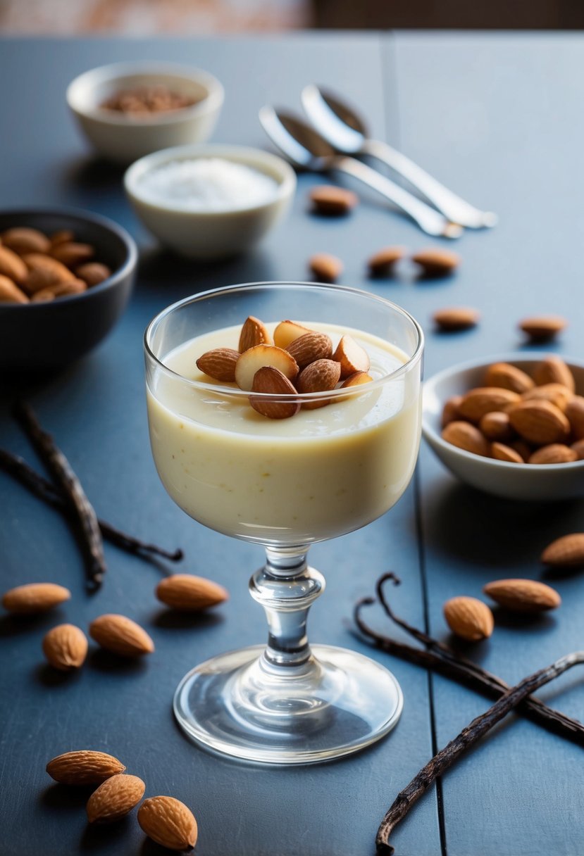 A table set with a delicate glass of biancomangiare pudding, surrounded by scattered ingredients like almonds and vanilla beans