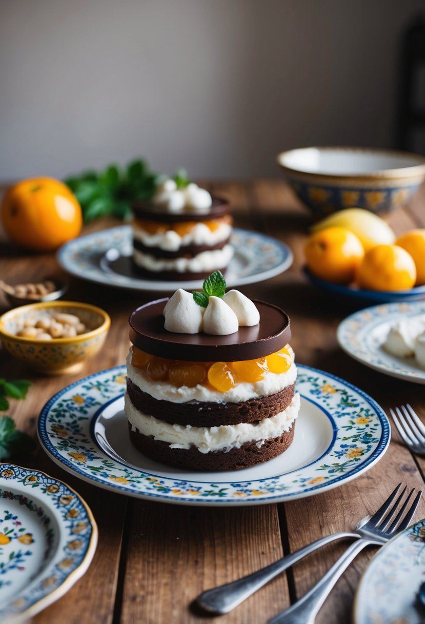 A table set with a traditional Sicilian cuccìa dessert, featuring layers of chocolate, ricotta, and candied fruit, surrounded by decorative ceramic plates and fresh ingredients