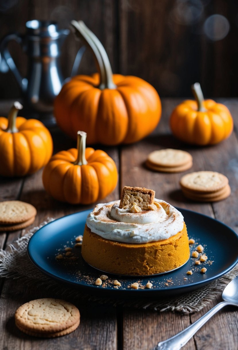 A rustic wooden table with a platter of pumpkin ricotta mousse, garnished with cinnamon and crushed amaretti cookies