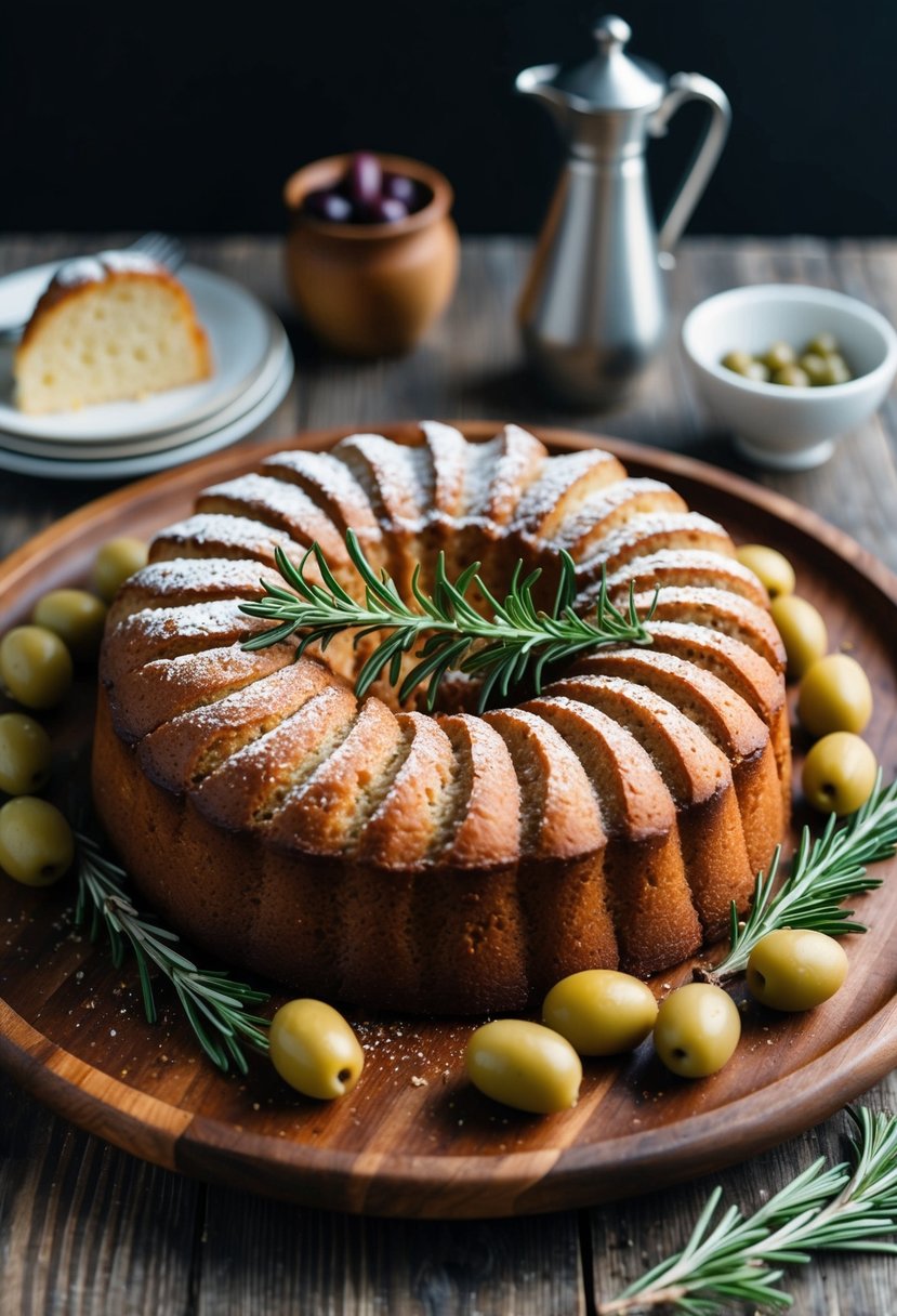 A rustic Sicilian Olive Cake surrounded by fresh olives and a sprig of rosemary on a wooden serving platter