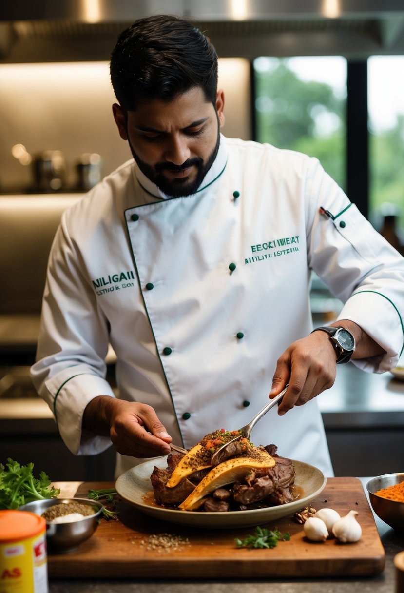 A chef preparing a Nilgai meat dish with various spices and ingredients on a cutting board