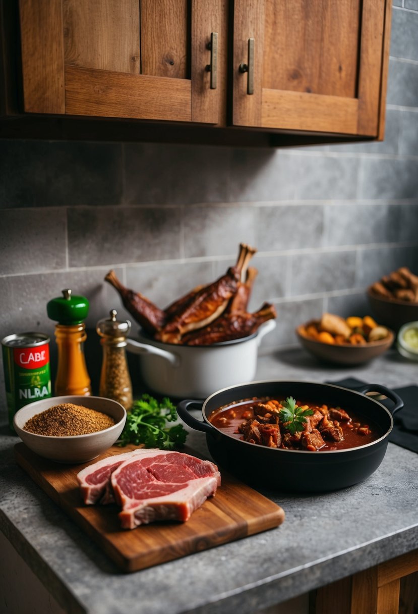 A rustic kitchen counter with fresh game meat, spices, and a pot of simmering nilgai chili