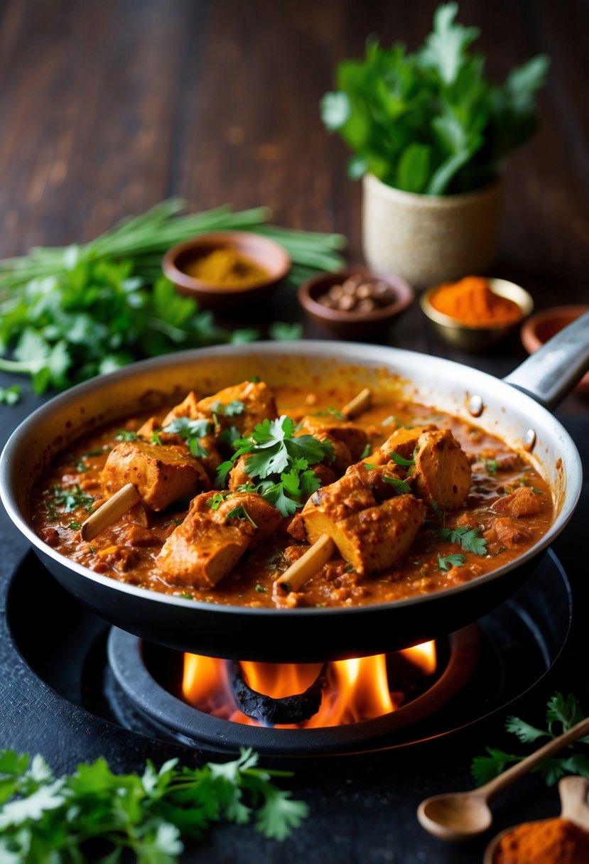 A sizzling pan of Nilgai Tikka Masala cooking over an open flame, surrounded by aromatic spices and fresh herbs