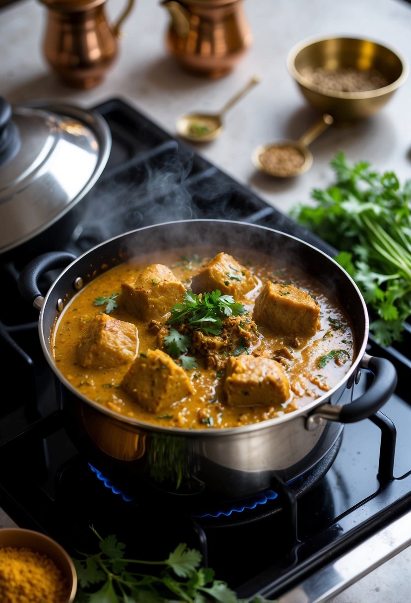 A steaming pot of Nilgai Rogan Josh simmering on a stove, surrounded by aromatic spices and herbs from Kashmir