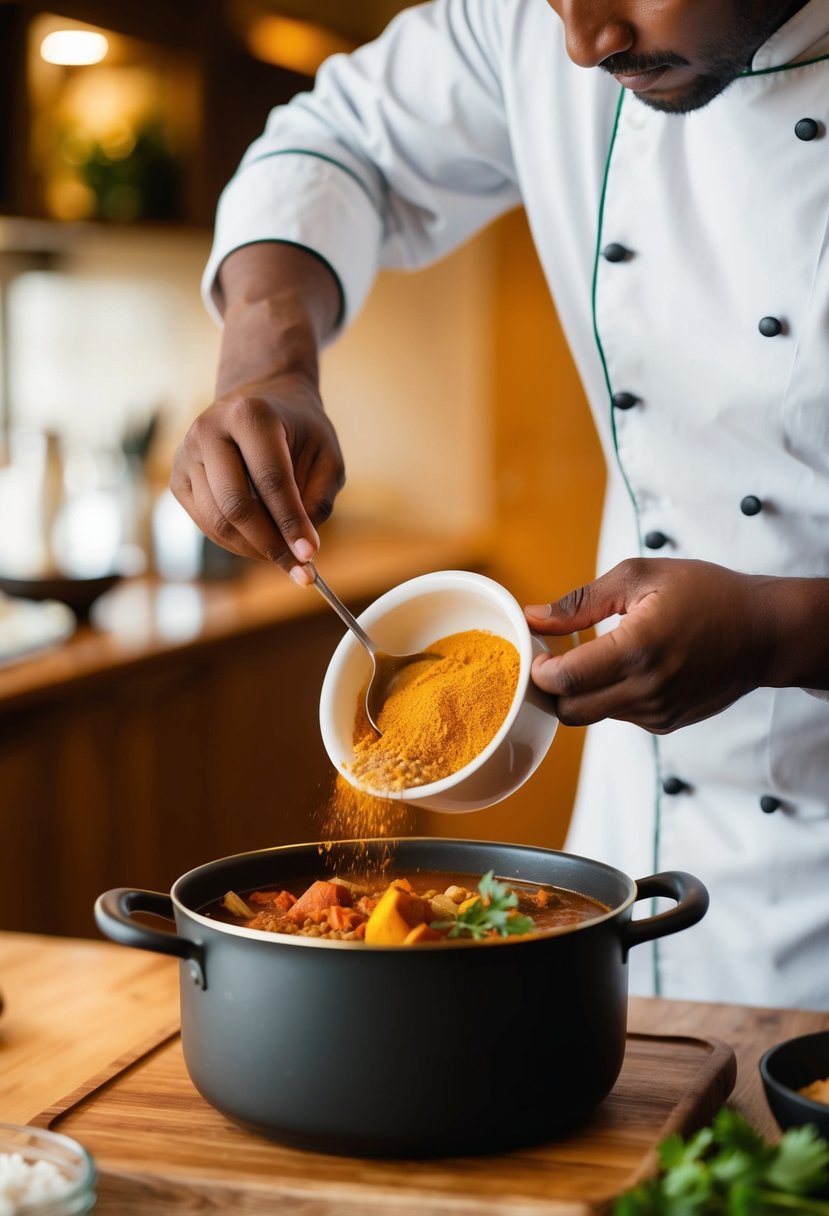 A chef adding corning spices to a pot of nilgai stew