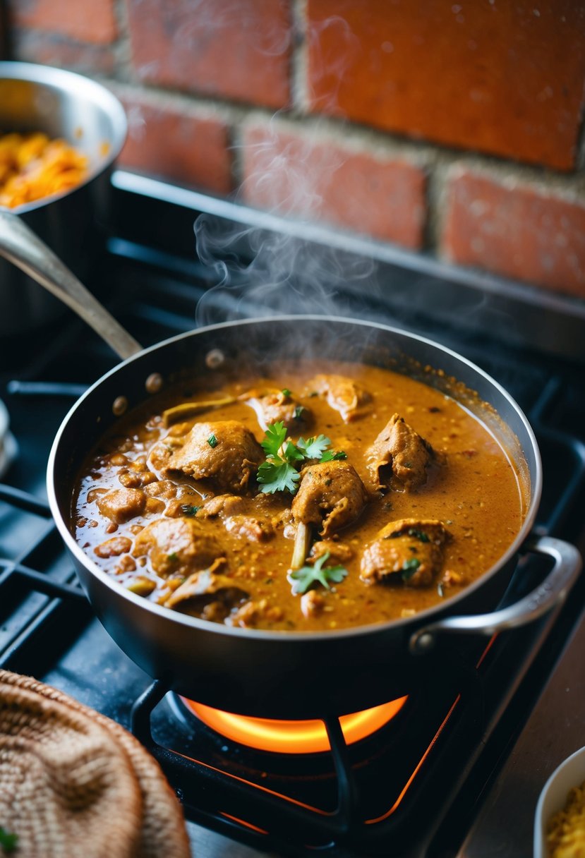 A steaming pot of spicy Nilgai curry venison stew simmering on a rustic stove. Aromatic spices fill the air as the rich, hearty stew bubbles away