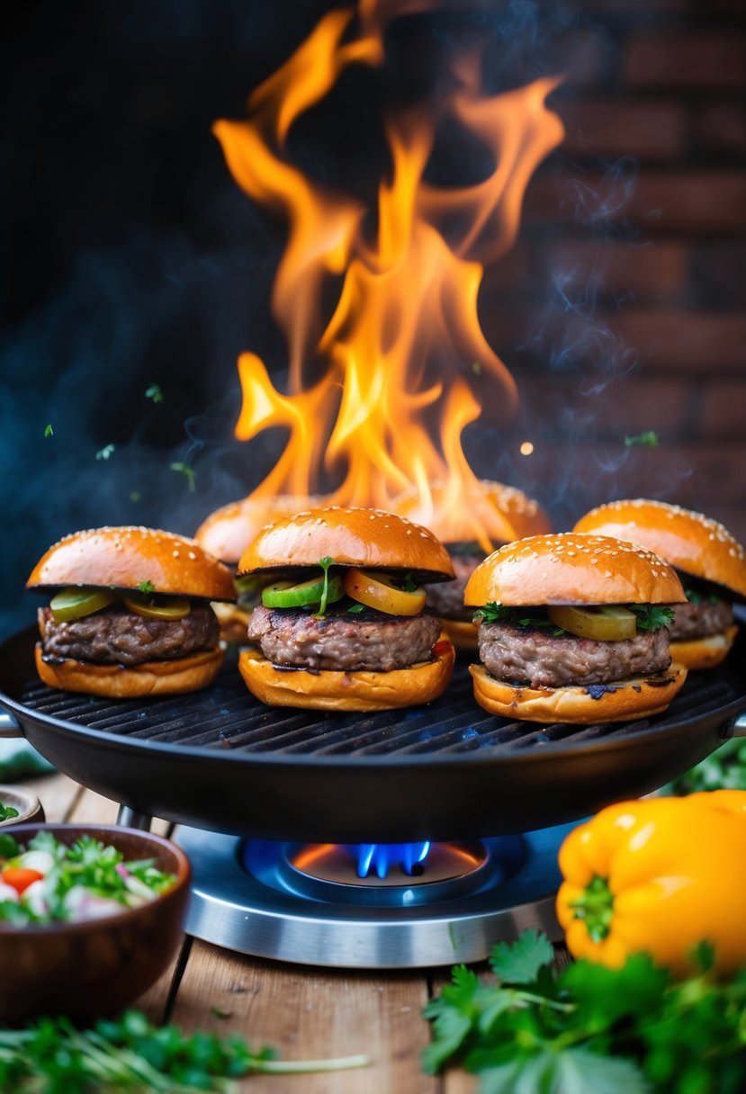 A sizzling grill with juicy Nilgai antelope burgers surrounded by fresh ingredients and herbs