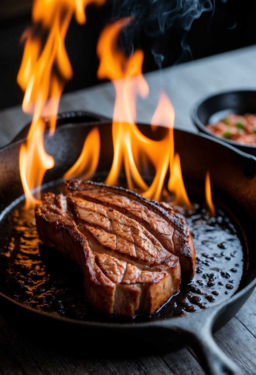 A sizzling Nilgai steak Diane being cooked in a cast iron skillet, with flames licking the edges and a rich, savory aroma filling the air