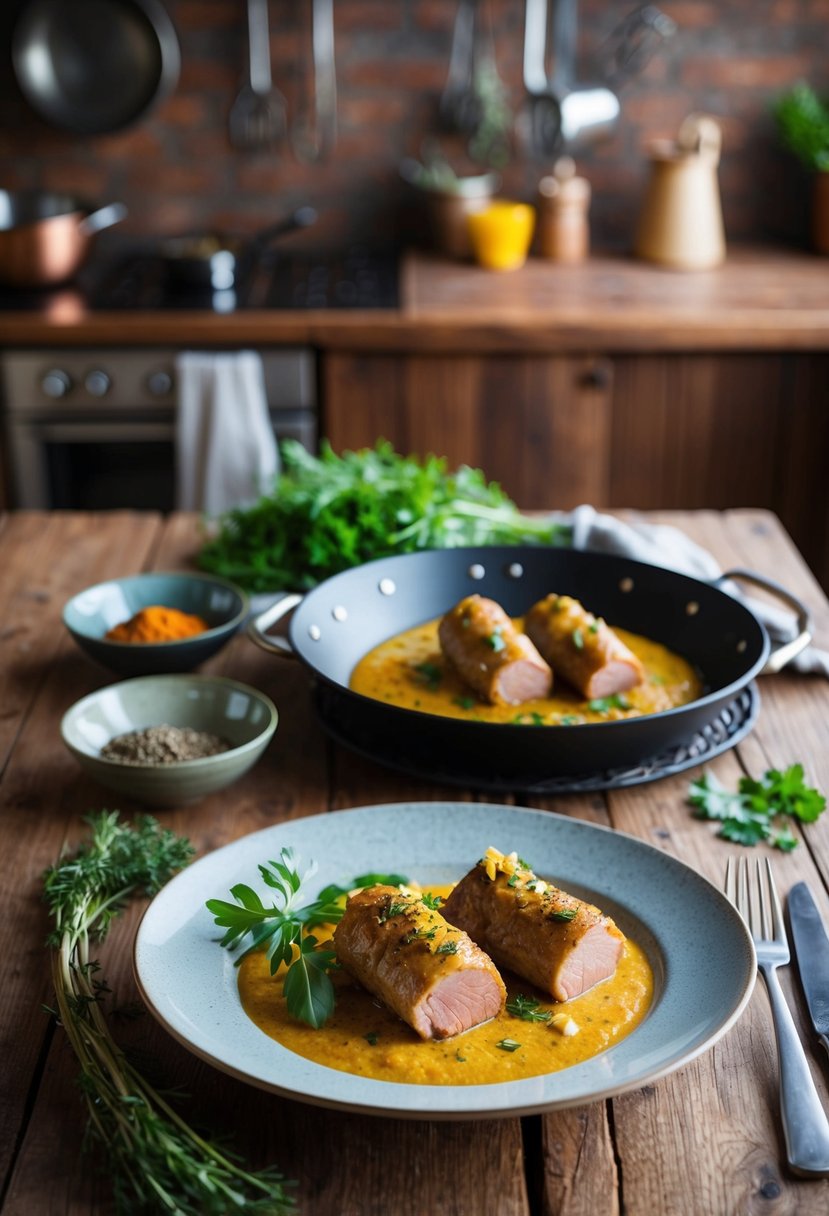 A rustic kitchen with a wooden table set for a meal, featuring a dish of Nilgai and Pork Braciole surrounded by fresh herbs and spices