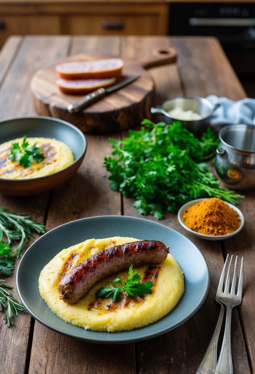 A rustic kitchen with a wooden table set with a plate of grilled nilgai sausage and creamy polenta, surrounded by fresh herbs and spices