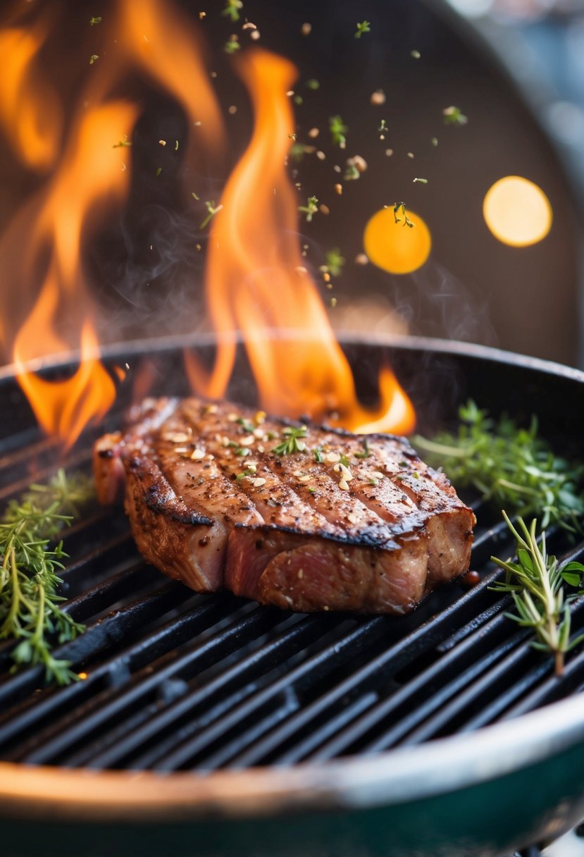 A sizzling backstrap steak on a hot grill with seasoning and herbs surrounding it