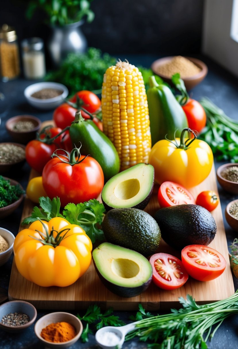 A colorful array of fresh vegetables, including tomatoes, avocados, and corn, are arranged on a wooden cutting board, surrounded by various herbs and spices