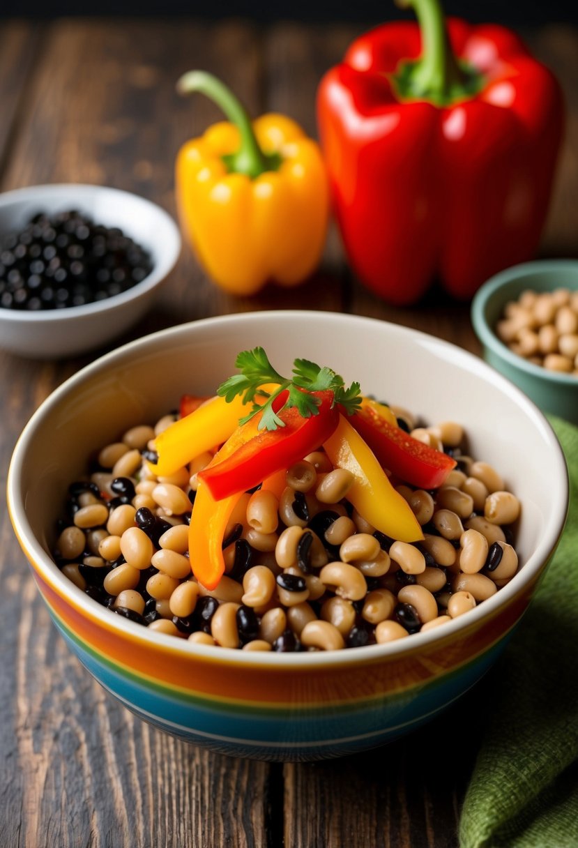 A colorful bowl of cowboy caviar with black-eyed peas and bell peppers, ready to be served as a Texas salad