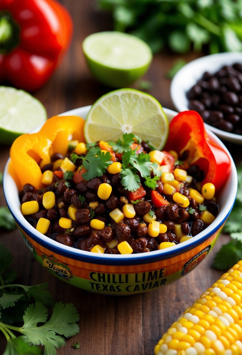 A colorful bowl of chili lime Texas caviar surrounded by zesty ingredients like bell peppers, corn, and black beans, with a hint of lime and cilantro